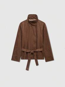 Women's Long Sleeve Stand Collar Belted Suede-Like Jacket, Suitable For Autumn/Winter - Dark Brown - View 1