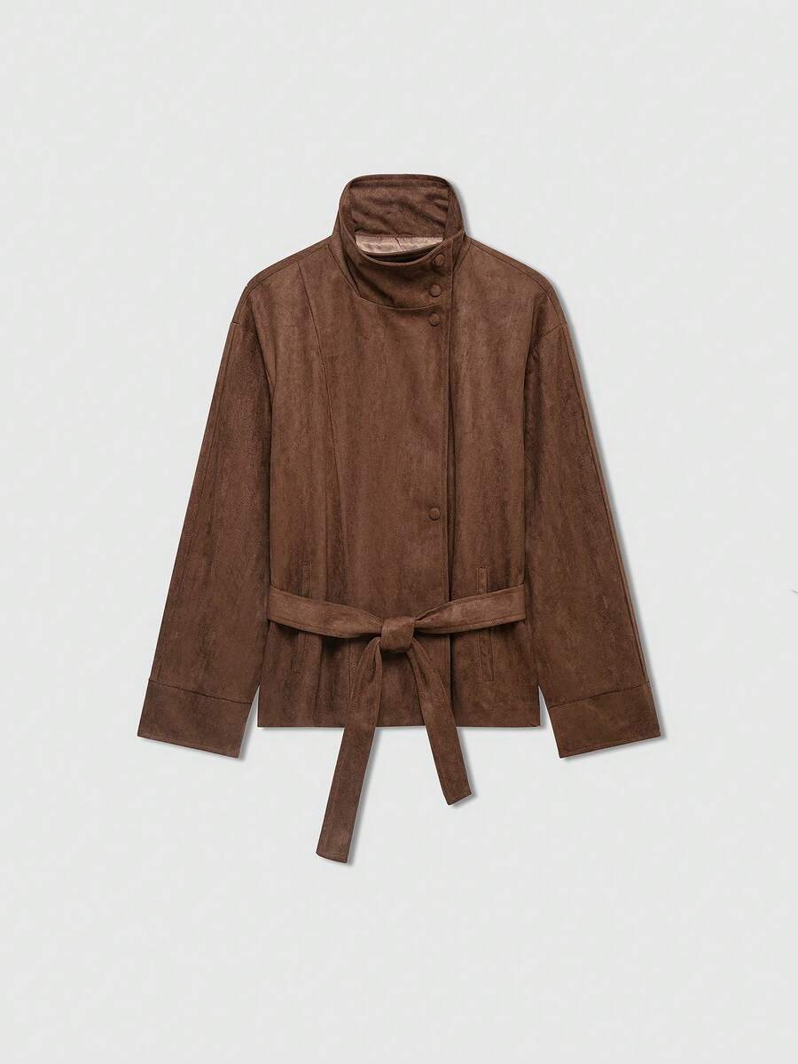 Women's Long Sleeve Stand Collar Belted Suede-Like Jacket, Suitable For Autumn/Winter - Dark Brown - View 1