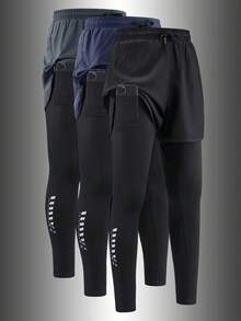 1pc Women's 2-In-1 Faux Layered Fitness Leggings With Phone Pocket, Quick-Dry Elastic Running Training Sports Pants, All Season - Black - View 12