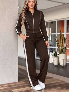 LUNNELUX Women's Autumn 2 Pieces Set Zip-Up Stand Collar Striped Jacket And Side Stripe Wide Leg Pants, Halloween Casual Sports Outfit - Brown - View 9