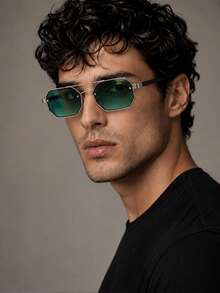 Men's Minimalist Geometric Decorative Glasses, Vintage Asymmetrical Square Lenses, Metal Full Frame Design, Wide Temple Arms With Exquisite Connection Structure, Business Casual Style, Daily Commute, Study And Office - Multicolor - View 2