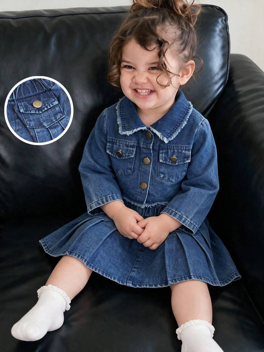 2pcs/Set Baby Girl Fashion Washed Blue Effect Raw Edge Collar Long Sleeve Regular Top And Pleated Skirt Set, Daily Back To School Autumn Outfit - Blue - View 1