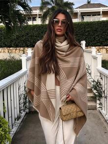 suzhichou 1pc New Reversible Geometric Cross Stripe Oversized Blanket Shawl, Warm Winter Scarf, Casual Versatile Outdoor Travel Accessory Gift - Multicolor - View 1