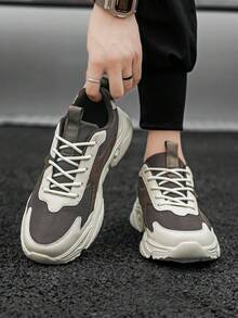 Men's Niche Color Block Thick Sole Chunky Sneakers, Low-Top Lace-Up Height-Increasing Casual Sneakers, Suitable For Daily Commute And City Jogging, Running Shoes - Beige - View 7