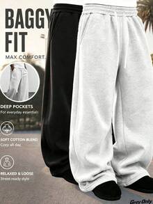 Men's Loose Wide Leg Pants, Solid Color Design With Drawstring Detail, Casual Style Long Sports Pants, Polyester Fabric, Hand Wash Only, Suitable For Daily Wear, Jogging And Other Occasions, Fit For Spring And Autumn Seasons - Light Grey - View 3