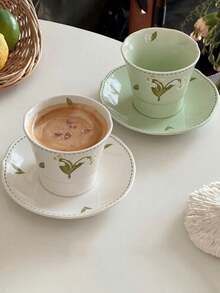 4件組 130ml復古百合陶瓷茶杯，手繪握把小茶杯附碟，適合下午茶，小容量咖啡杯與碟，居家與餐廳使用 - 彩色 - 查看 19