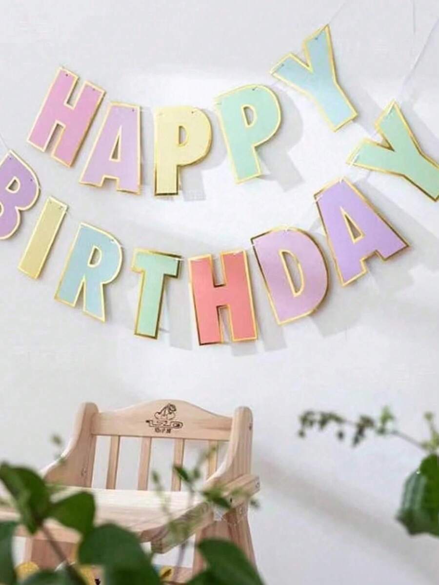 Macaron Letter Birthday Banner, Gold Glitter Edge, Happy Birthday Banner, Party Decoration, Reusable, Party Backdrop, Halloween Home Decor, Christmas, Halloween, Christmas Decoration, Garden Party, Random Color - Multicolor - View 1