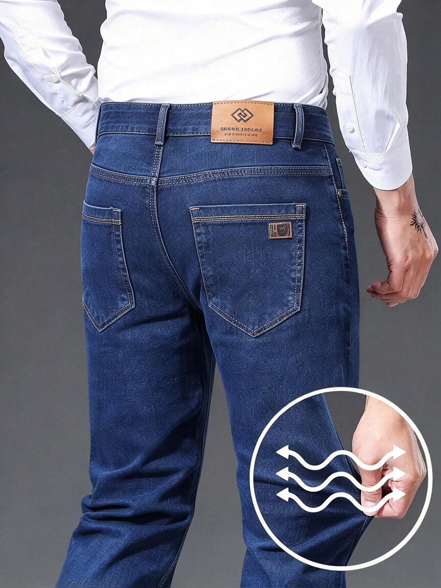 Quần jean nam co giãn thoải mái mùa thu/đông, quần denim công sở ôm vừa vặn màu đen, quần jean xanh dáng rộng thoải mái khi đi làm, du lịch - Màu xanh lam - Xem 1
