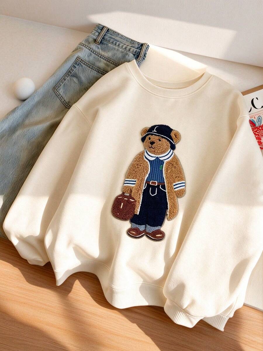 青少年女孩 1件裝熊圖案圓領運動衫,保暖秋冬長袖上衣,適合年輕學生 - 杏色 - 查看 1