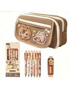 8pcs/128pcs/226pcs Cute Cartoon Multi-Layer Pencil Case Set, Includes Cartoon Printed Pens And Erasers, Complete Stationery Supplies, Practical Patterned Stationery, Daily Use Stationery Series - Brown - View 16