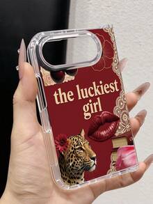 Lucky Girl 復古拼貼風手機殼，酒紅豹紋紅唇蕾絲藝術創意透明殼，適用 Apple Duo 系列，全機蓋保護，極簡風雙面保護殼 - 無色 - 查看 1