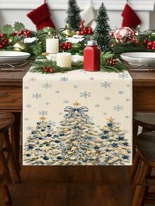 1Pc Blue Bow Christmas Tree Table Runner Cream Background Snowflake Print Table Runner Farmhouse Winter Xmas Dining Table Decor - Apricot - View 4