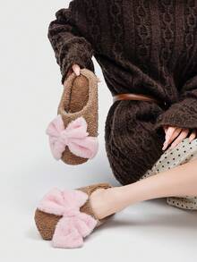 Sweet Cute Macaron Color Oversized Plush Bow Warm Soft Bottom Women's House Slippers Floor Socks - Coffee Brown - View 2