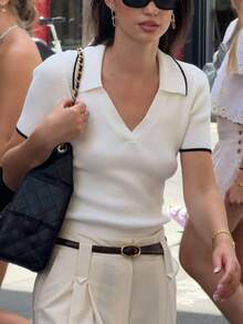 Vuslat Women's Autumn French Style V-Neck Contrast Color Short Sleeve Knit Top, Suitable For Commuting, Office, Cafe, Campus, Back To School Season, Party - White - View 5