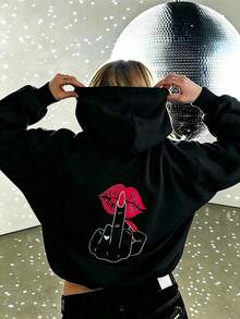 Fashion Oversized Hoodie,Fall Winter Casual Top For Going‑Out Fitness Festive,Warm Fleece‑Lined, Cold Weather,Red Lips Hand Gesture Print - Black - View 4