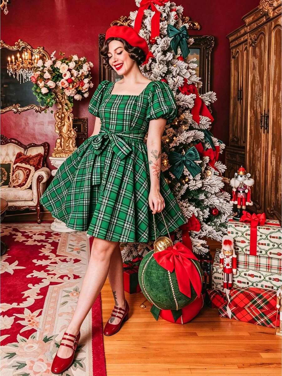Women Mini Plaid Dress Short Sleeve Square Neck Cinched Waist Dress ...