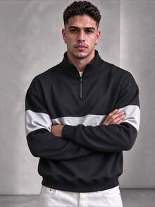 ZYNTH BALENO Men's Autumn/Winter Patchwork Loose Drop Shoulder Zip-Up Polo Collar Sweatshirt, Suitable For Sports, Classic Solid Color Long Sleeve - Black - View 2