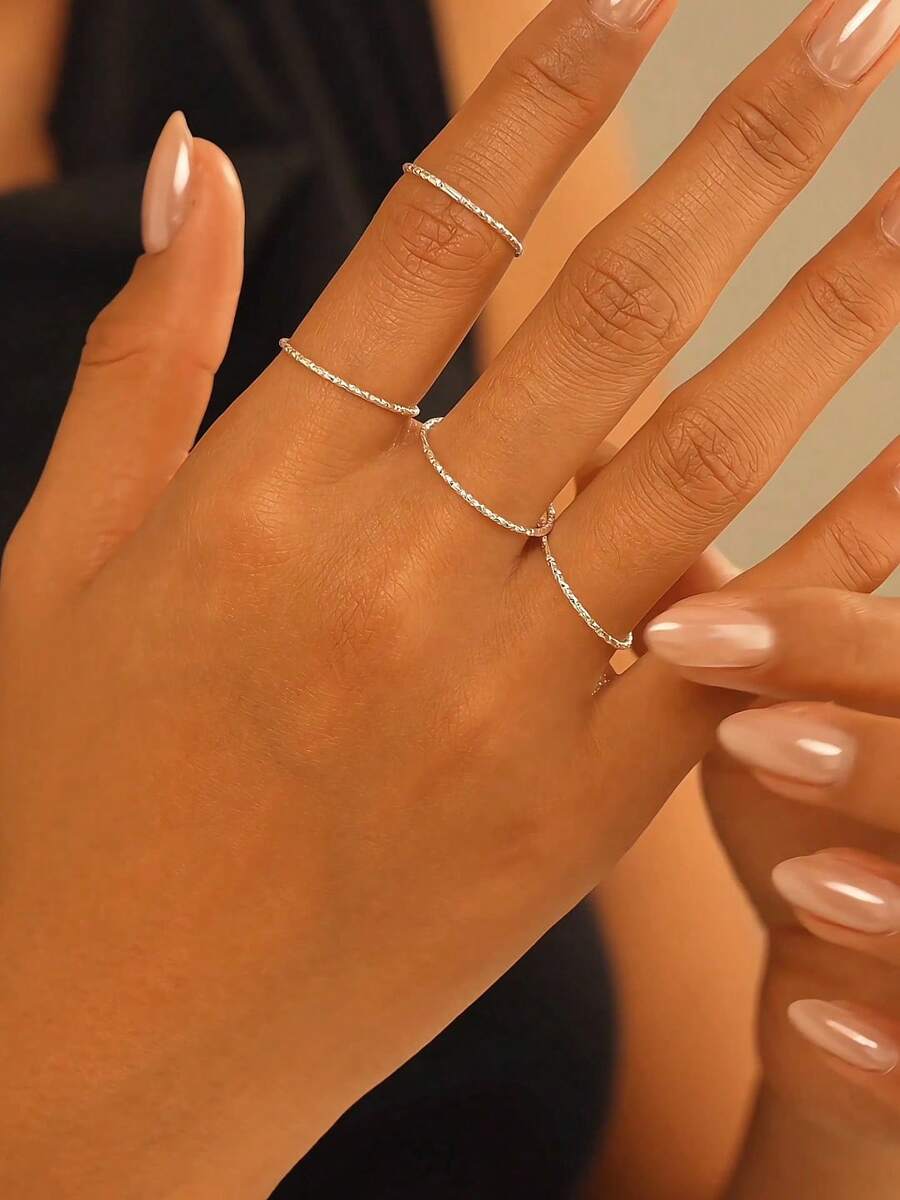 Bộ 4 nhẫn nối siêu mỏng họa tiết sao cho nữ, nhẫn băng trơn, nhẫn đuôi, nhẫn khớp ngón tay (không hộp quà) - Bạc - Xem 1