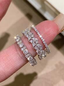 rundraw 2pcs Y2K Minimalist Style Copper Inlaid Double Layer Adjustable Ring, Luxury Delicate Daily Wear - Silver - View 4