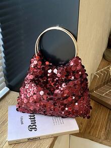 Dedoo Women's Evening Clutch Bucket Tote Bag, All-Over Sequin Pattern, Mesh Fabric, Suitable For Weddings, Parties, Balls, Nightclubs, Holiday Cocktail Events - Red - View 6
