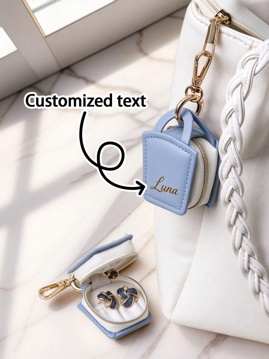 1Pc Personalized Laser Engraved Mini Square PU Jewelry Bag, Customized Name Keychain Small Storage Bag, Portable Zipper Coin Wallet, Women's Customized Gift