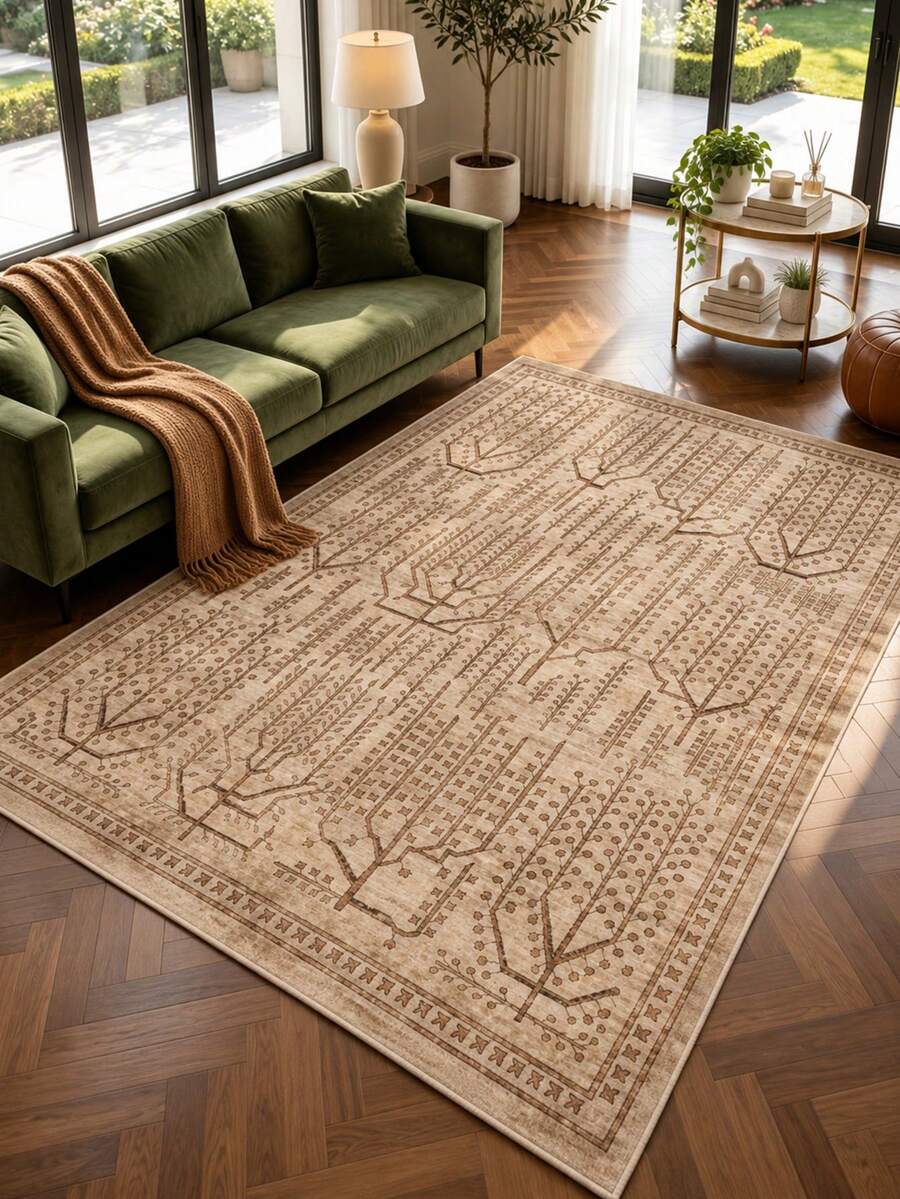 Pinkie Home - 1pc Vintage Print Bohem Living Room Rug Area Rug/Carpet/Bath Mat, Suitable For Bathroom, Kitchen, Entryway, Hallway, Bedside, Living Room, Bedroom, Machine Washable Rug, Home Decor - Mocha Brown - View 1