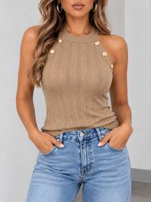 ChicMe Women's Halter Neck Knitted Vest Top, Gold Button Cable Knit Sleeveless Fitted Fashion Top - Khaki - View 6