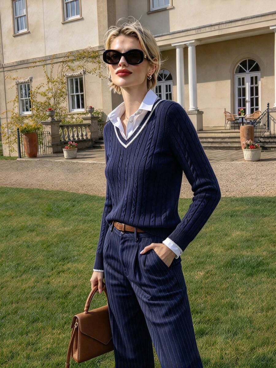 Vuslat Women's Preppy V-Neck Fitted Cable Knit Sweater Top, Suitable For Party, Shopping, Back To School, Christmas, Commuting And Work - Navy Blue - View 1