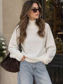 Women's Cozy White High Neck Knit Sweater Long Raglan Sleeve Pullover Top For Fall & Winter Daily Wear - White - View 4