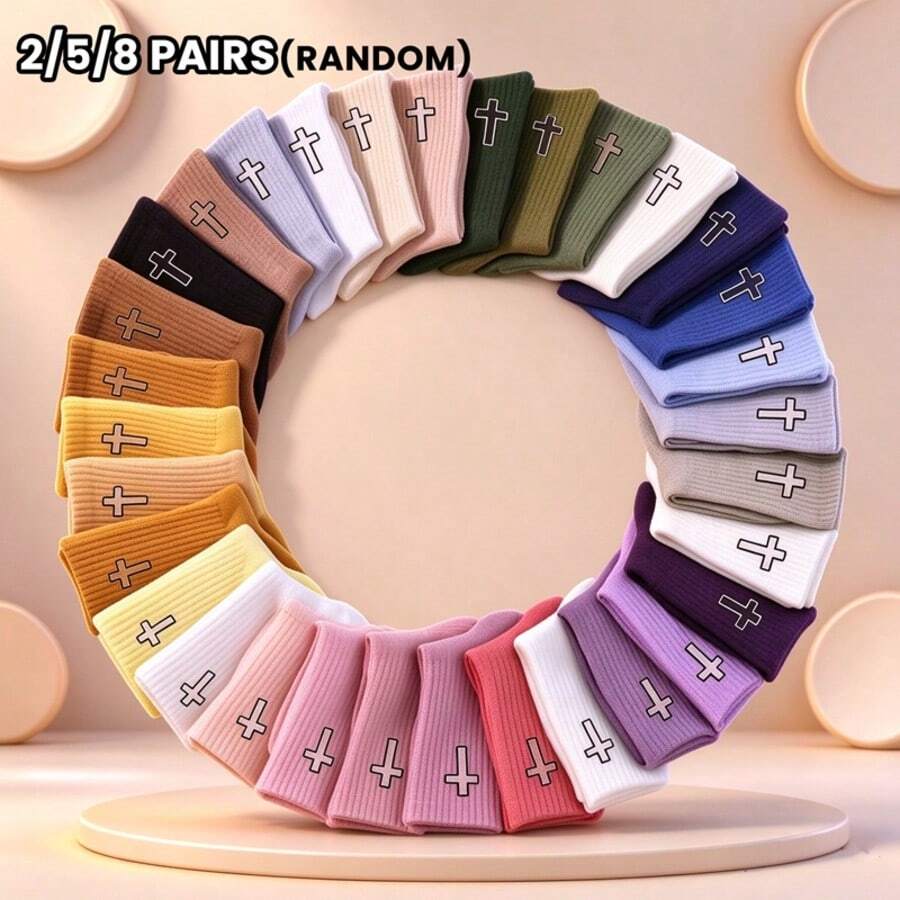 2/5/8 Pairs Random Color Cross Embroidered Crew Socks, Solid Color Ribbed Knit Mid Calf Socks, Casual Streetwear Soft Socks For Women - 5 Pairs Of Random - View 1