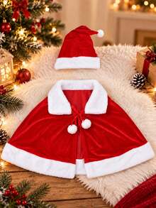 2pcs Christmas Role Play Plush Cape, Christmas Hat, Christmas Outfit, Suitable For Holiday Dress-Up And Dance Performance - Multicolor - View 7