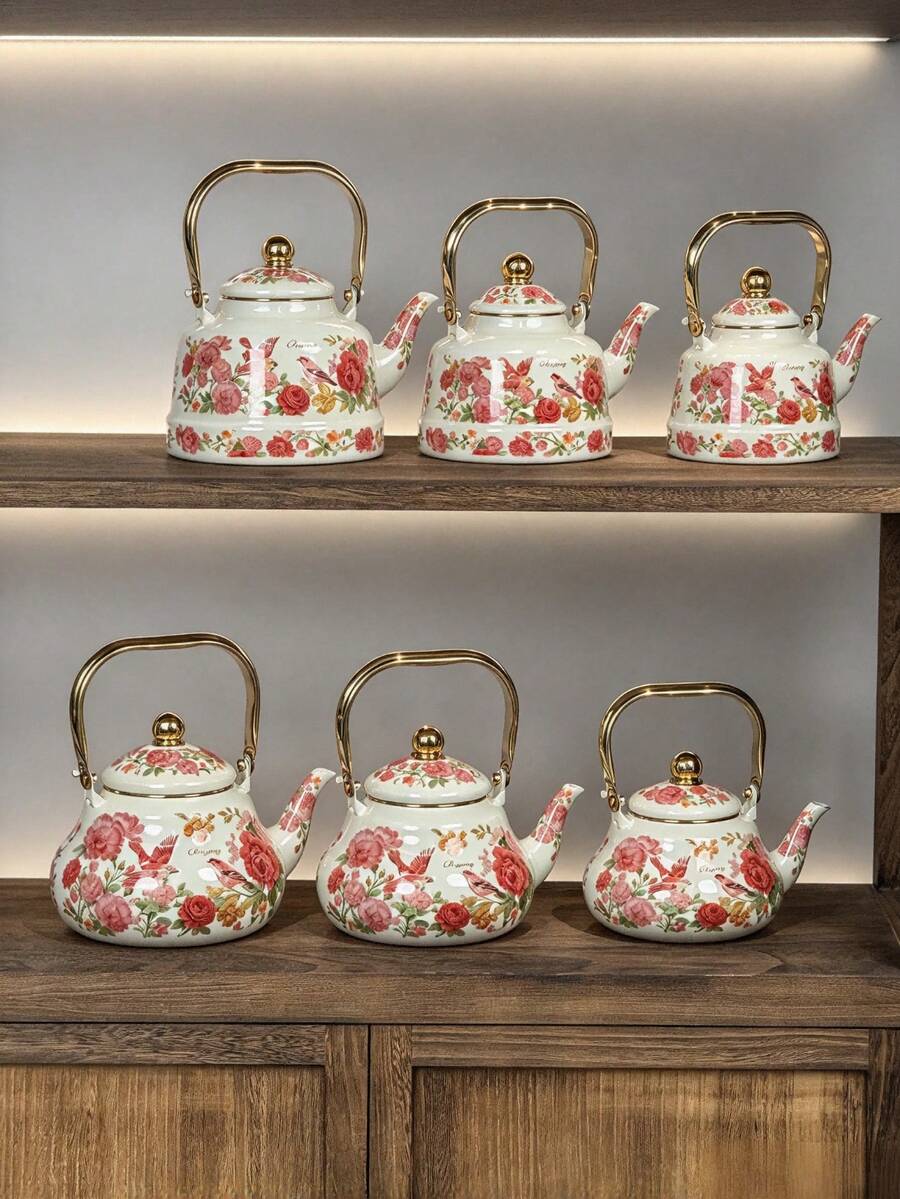 Elegant Rose & Bird Print Enamel Tea Kettle, Golden Handle, Food , Stovetop Compatible, Drip-Free Spout, Perfect For Ramadan, Eid, Guest Serving & Home Table Decor, Multiple Capacities - Peony Bird Pear-shaped Teapot - View 1