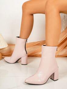 European And American Style Sexy Pointed Toe Chunky Heel Slimming Ankle Boots For Women, New Autumn/Winter Fashion High Heel Ankle Boots With Back Zipper - Pink - View 2