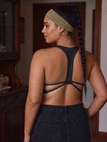 Plus Size Women's Black Deep V-Neck Front Knot Spaghetti Strap Racerback Sports Bra, Suitable For Yoga, Hiking, Daily Wear - Black - View 7