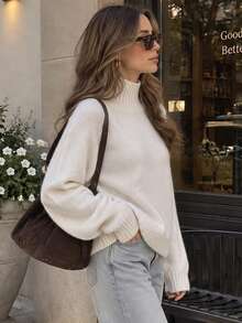 Women's Cozy White High Neck Knit Sweater Long Raglan Sleeve Pullover Top For Fall & Winter Daily Wear - White - View 5