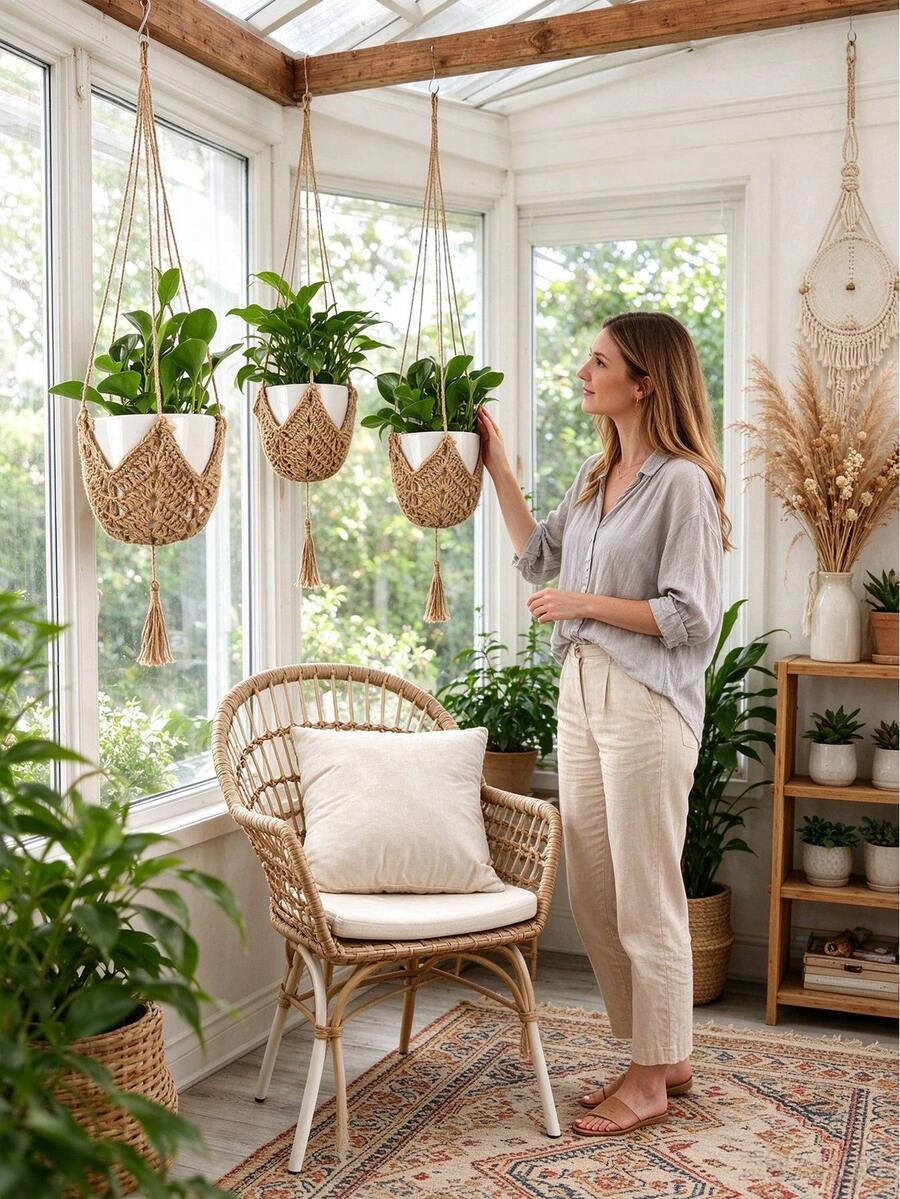 Bohemian Style Lace Plant Hanger With Tassels, Made With Rope Crochet Craftsmanship. Suitable For Indoor And Outdoor Gardens, Indoor Decor. Textured Lace Wall Basket With Hanging Hook - Multi-color - View 1