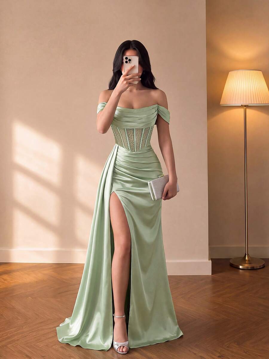 ADYCE Elegant Hollow-Out Off-Shoulder Backless Halter Neck Tie Waist Formal Long Dress, Suitable For Wedding Party - Mint Green - View 1