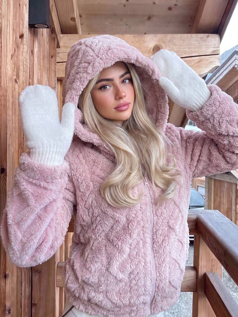 Women's Cute Pink Hooded Full Zip Long Sleeve Teddy Fleece Jacket, Warm Casual Versatile For Autumn/Winter - Pink - View 1