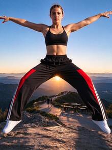 Women's Colorblock Striped Wide Leg Sweatpants, Drawstring Elastic Waist Casual Sport Pants With Pockets, Y2K Street Style Black And Red Contrast Long Pants - Black - View 7
