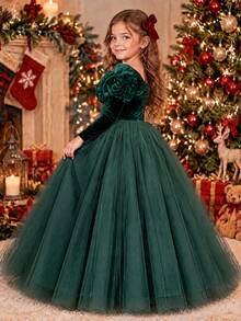 Big Girls Dark Green Velvet Long Dress, Cold Shoulder 3D Rose Long Sleeve Mesh Children's Party Princess Gown - Dark Green - View 3