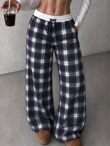 Women's Spring/Autumn Black & White Plaid Drawstring Elastic Waist Wide Leg Lounge Pants With Pockets, Loose Slouchy Jogger Pants, Workout Pants, Fall Clothes For Women - Black - View 2