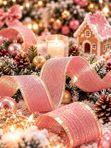 1/2 Rolls Pink Wired Edge Ribbon, Gold Trim Textured Fabric Ribbon For Christmas Tree Decor, Gift Wrapping Bow Making, Wedding & Valentine's Day DIY Crafts - Multicolor - View 5
