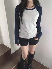Áo thun tay raglan phối màu phong cách Hàn Quốc thường ngày cho mùa thu - Màu xanh lam - Xem 4