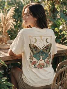 Plus Size Vintage Mysterious Moon Star Butterfly Print Short Sleeve Round Neck T-Shirt, Bohemian Style Casual Top, Suitable For Spring Summer Daily Wear And Vacation - Khaki - View 11