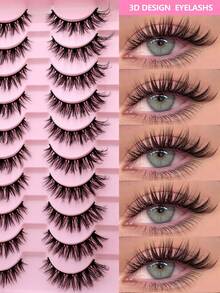 10 Pairs Cat Eye Fluffy Curly Natural Thick Long Soft Non-Irritating Cartoon Style Full Strip False Eyelashes Faux Mink Hair Lighter Durable Reusable For Daily Makeup And Party - Black - View 2