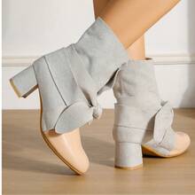 Women's Beige & Apricot Colorblock Patchwork Ankle Boots, Round Toe, Wrap-Around Lace-Up With Bow, Chunky Mid Heel, Sweet Aesthetic Fashion Boots For Autumn/Winter - Beige - View 5