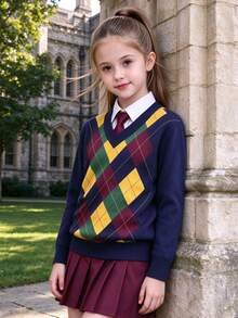 Tween Girls' Casual Comfortable V-Neck Colorblock Plaid Long Sleeve Sweater, British Academic Style, Ugly Sweater, Back To School, Christmas - Multicolor - View 2