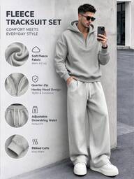 Conjunto de 2 peças para homem com hoodie de meio fecho e calças de fato de treino perna larga, corte largo, casual para o dia a dia, primavera e outono