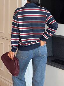1pc Girls' Teen American Street Style Minimalist Polo Collar Striped Casual Long Sleeve T-Shirt - Multicolor - View 2