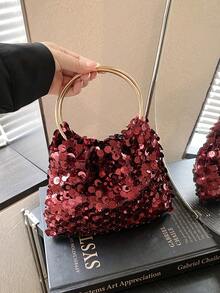 Dedoo Women's Evening Clutch Bucket Tote Bag, All-Over Sequin Pattern, Mesh Fabric, Suitable For Weddings, Parties, Balls, Nightclubs, Holiday Cocktail Events - Red - View 3